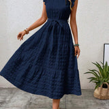 Ruffled Flutter Sleeve Belted Textured Midi Dress
