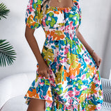 Floral Square Neck Puff Sleeve Midi Dress