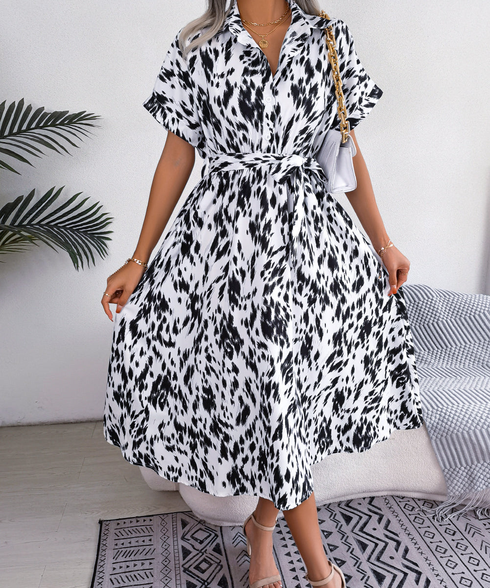 Leopard Print Tie-Waist Shirt Midi Dress