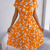 Leaf Print Belted Pleated Midi Dress
