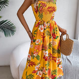 Floral Tie-Strap Smocked Waist Midi Dress