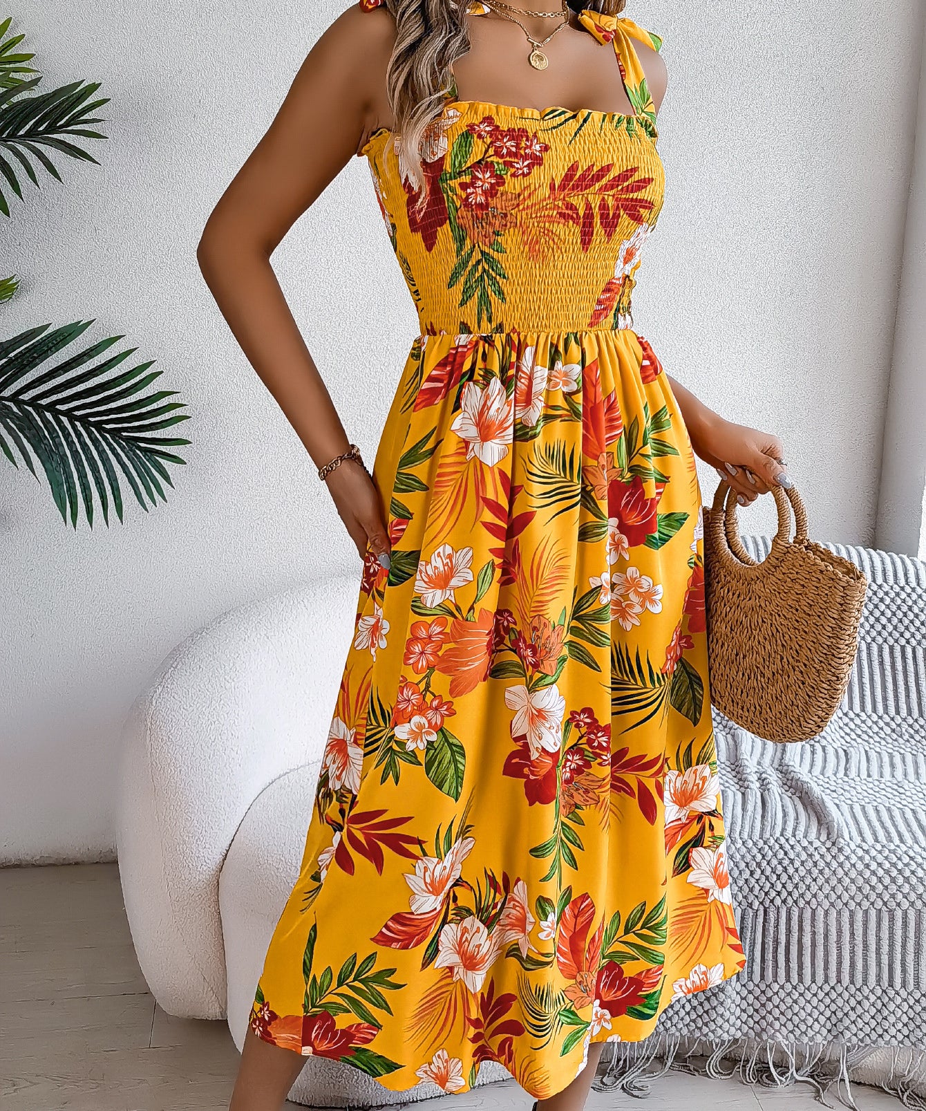 Floral Tie-Strap Smocked Waist Midi Dress