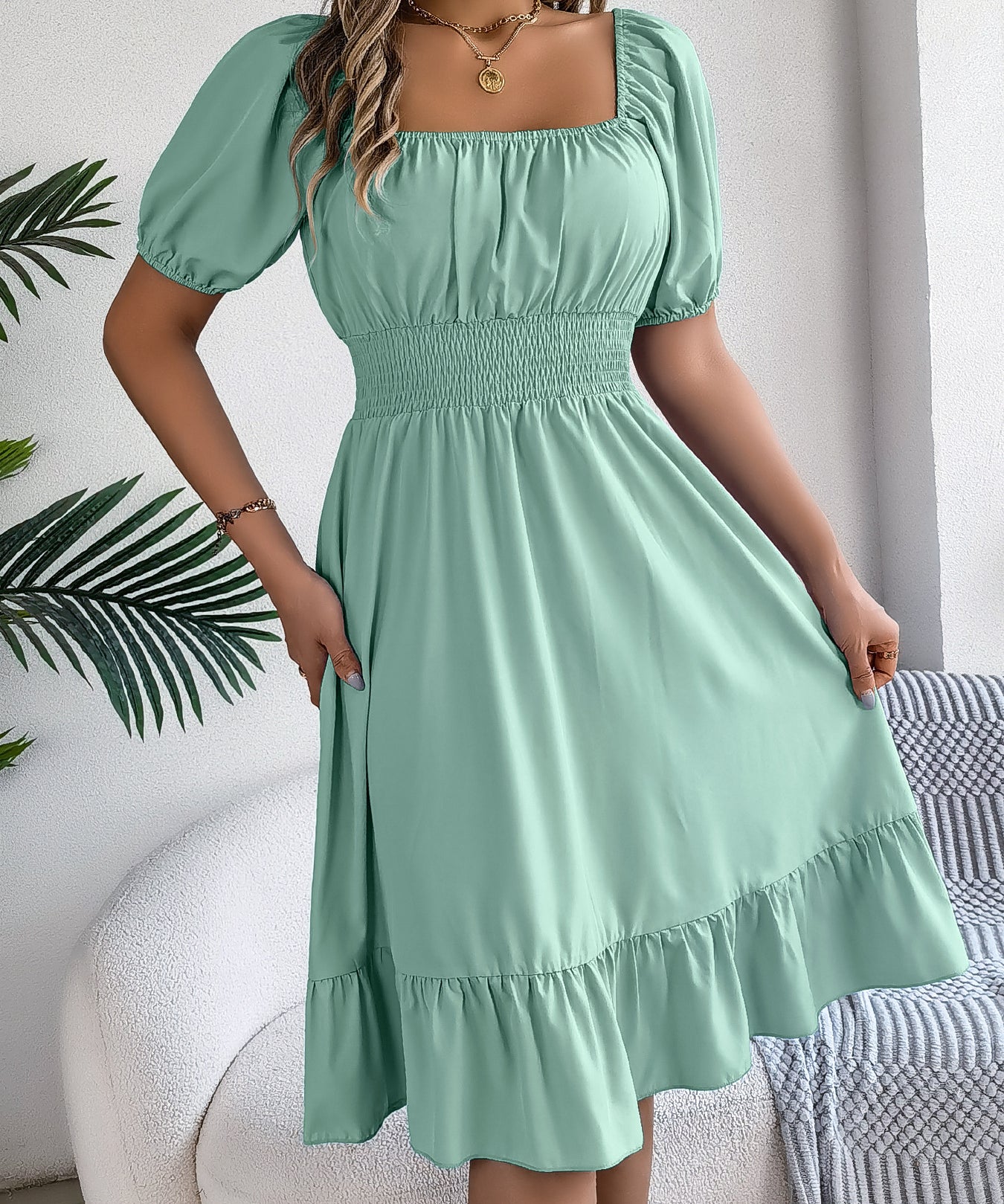 Square Neck Puff Sleeve Smocked Waist Ruffle A-Line Dress
