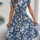 Floral Pleated Tie - Waist Midi Dress