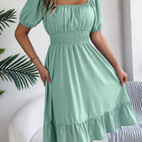 Square Neck Puff Sleeve Smocked Waist Ruffle A-Line Dress