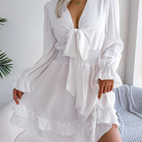 Tie Front Smocked Waist Ruffle Swing Dress