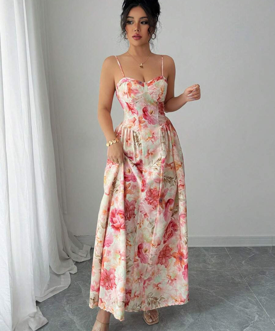 Floral Print Sweetheart Maxi Dress