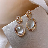 Silver Needle Cat's Eye Twisted Rhinestone Drop Earrings