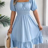 Square Neck Puff Sleeve Smocked Waist Ruffle A-Line Dress