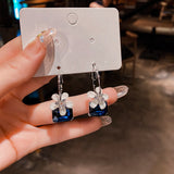 Silver Needle Blue Crystal Floral Drop Earrings
