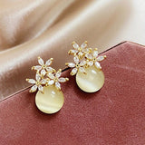 Silver Needle Cat's Eye Floral Rhinestone Stud Earrings