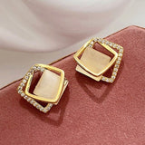 Silver Needle Cat's Eye Square Rhinestone Stud Earrings