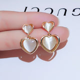 Silver Needle Cat's Eye Heart Drop Earrings