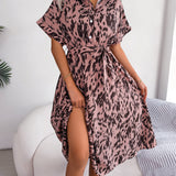 Leopard Print Tie-Waist Shirt Midi Dress