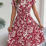 Floral Pleated Tie - Waist Midi Dress