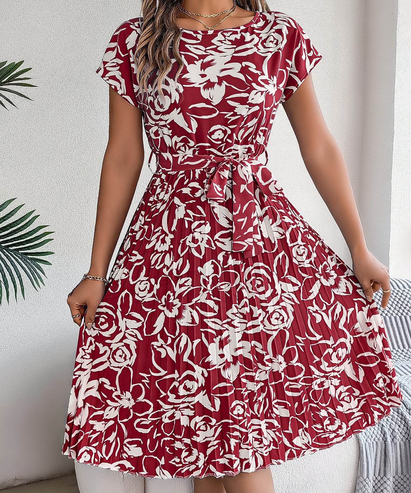 Floral Pleated Tie - Waist Midi Dress