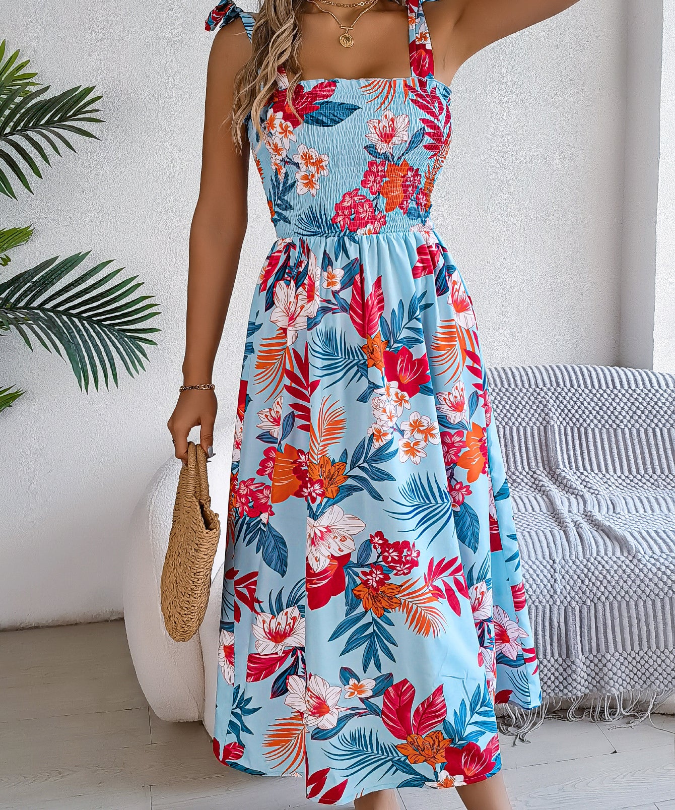 Floral Tie-Strap Smocked Waist Midi Dress
