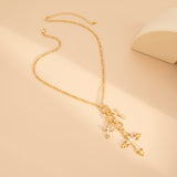 Vintage Diamond-Accented Cross Multi-Pendant Alloy Necklace