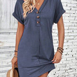 Button - Accent V - Neck Dolman Sleeve Mini Dress