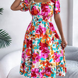 Floral Square Neck Puff Sleeve Midi Dress