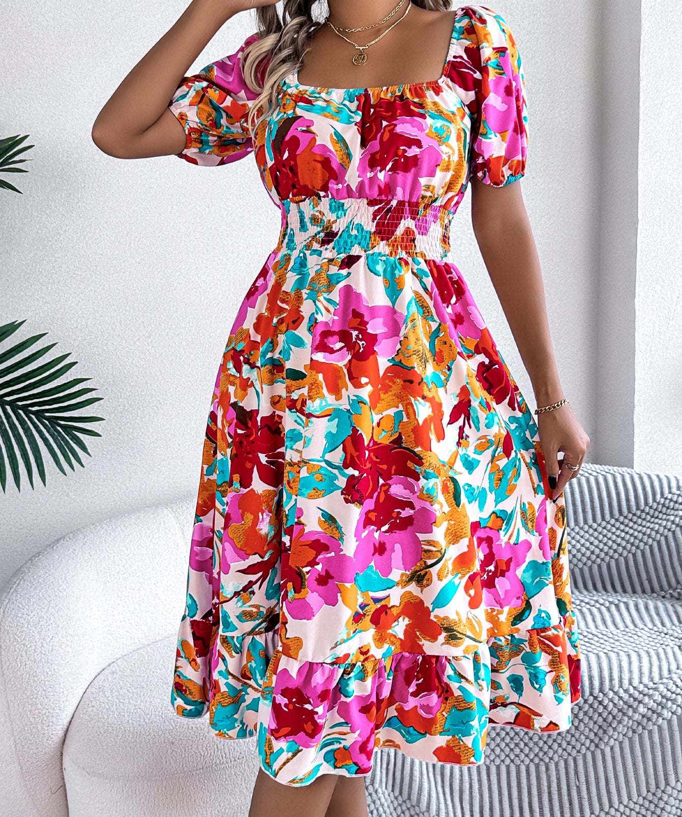 Floral Square Neck Puff Sleeve Midi Dress