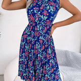 Ruffle Mock Neck Floral Pleated Midi Dress