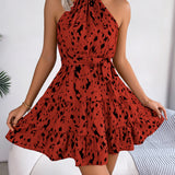 Spring Summer Leopard Print Halter Ruffle Mini Dress