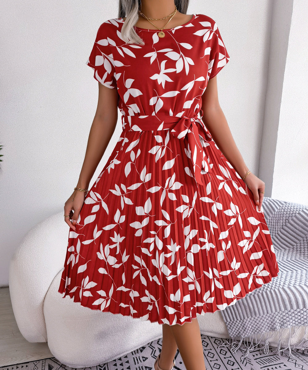 Leaf Print Belted Pleated Midi Dress