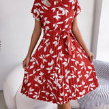 Leaf Print Belted Pleated Midi Dress