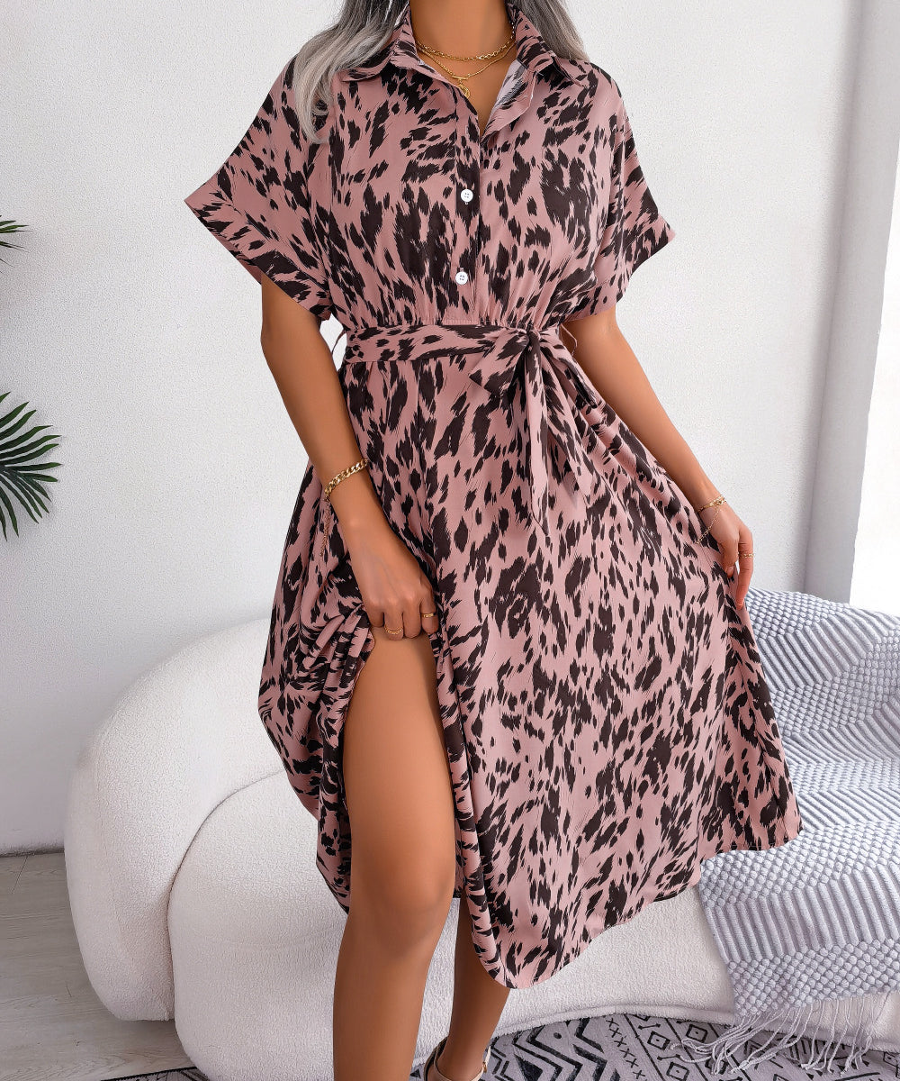 Leopard Print Tie-Waist Shirt Midi Dress