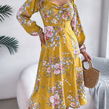 Floral Tie - Front Slit Midi Dress