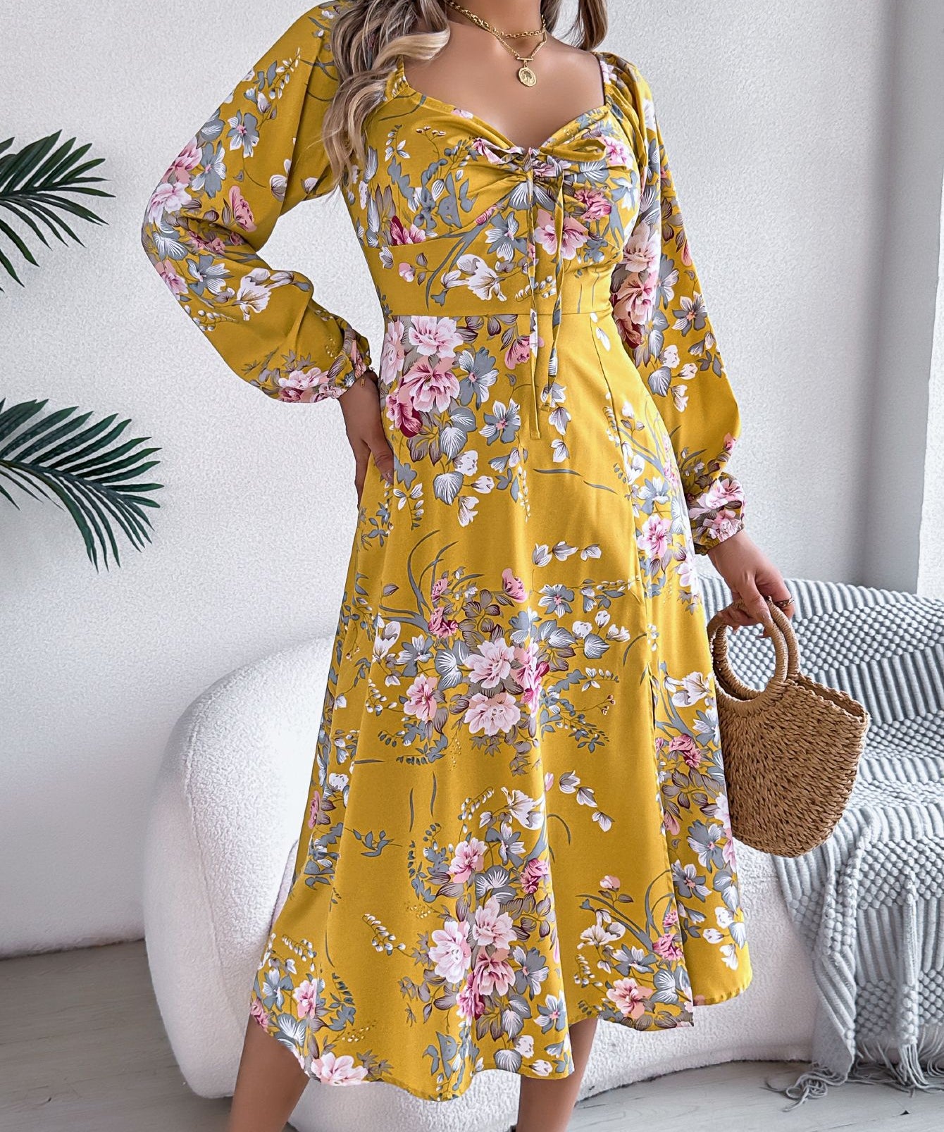 Floral Tie - Front Slit Midi Dress