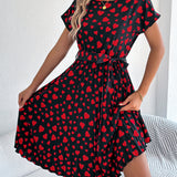 Heart Print Tie - Waist Pleated Dress
