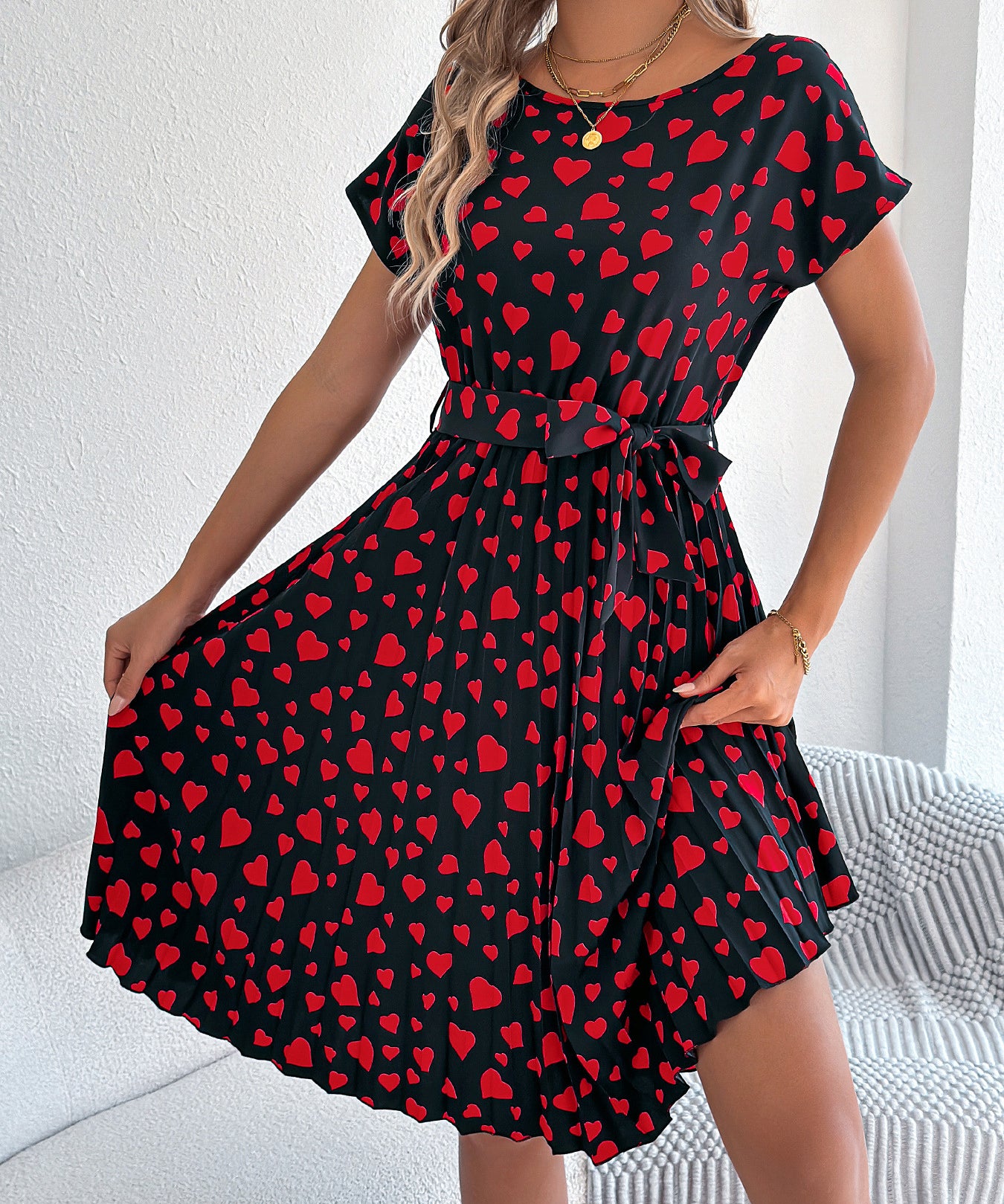 Heart Print Tie - Waist Pleated Dress