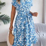 Floral V-Neck Batwing Sleeve Flowy Midi Dress