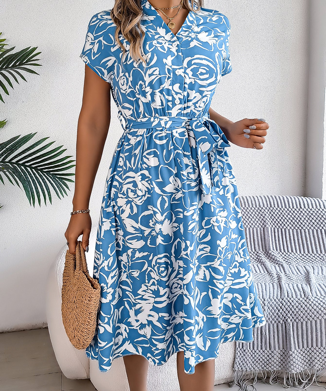 Floral V-Neck Batwing Sleeve Flowy Midi Dress