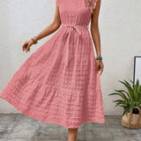 Ruffled Flutter Sleeve Belted Textured Midi Dress