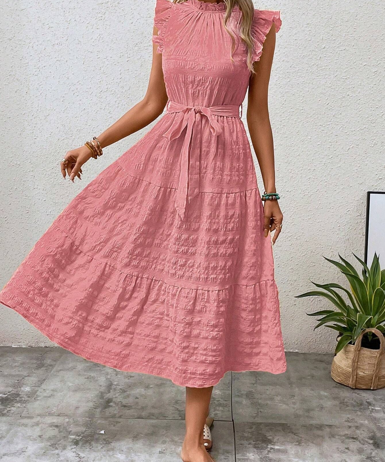 Ruffled Flutter Sleeve Belted Textured Midi Dress