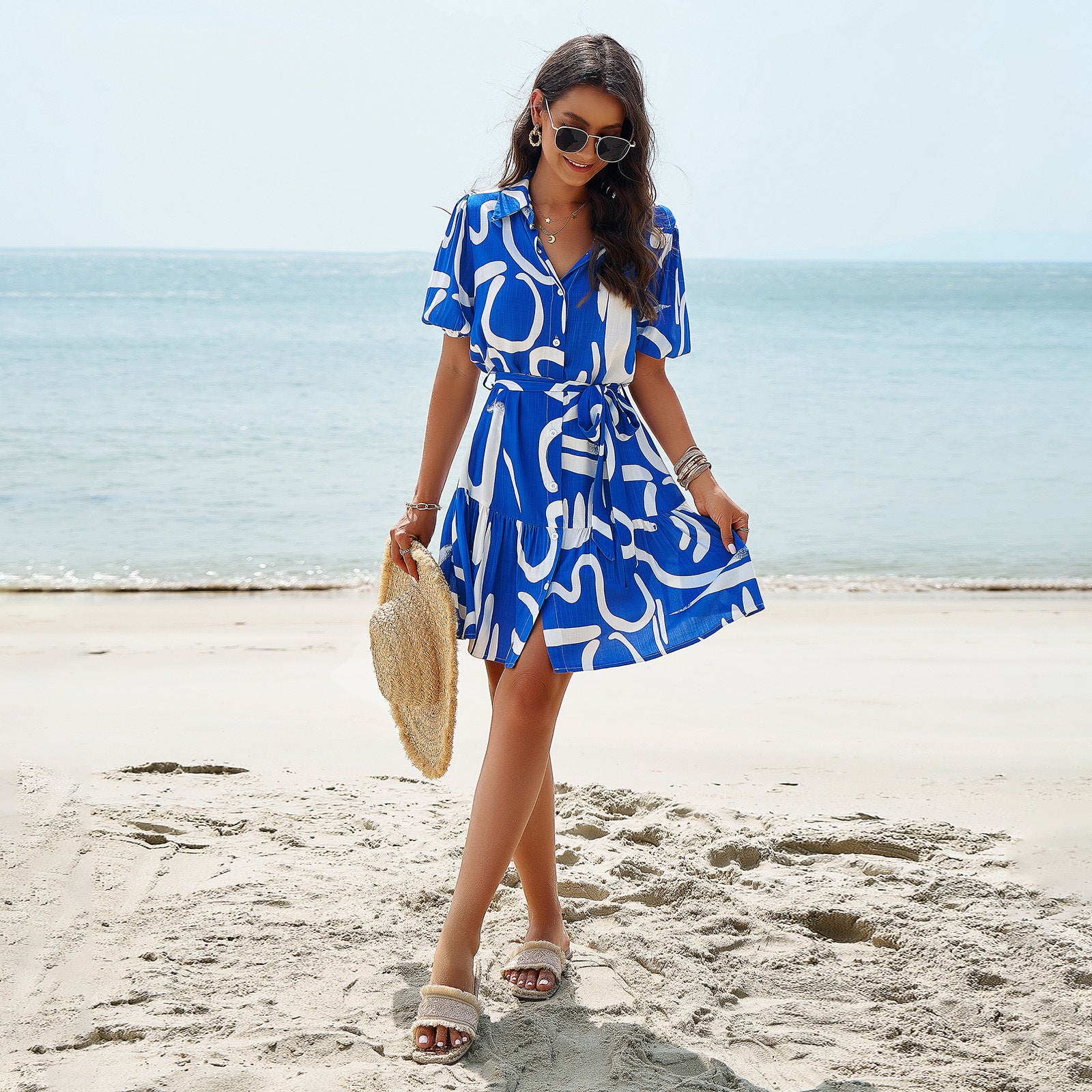 Abstract Printed Tiered Shirt Dress