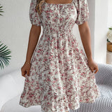 Floral Square Neck Smocked Waist Ruffle A-Line Dress