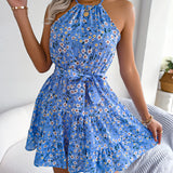 Halter Neck Floral Ruffle Mini Dress