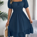 Square Neck Puff Sleeve Smocked Waist Ruffle A-Line Dress