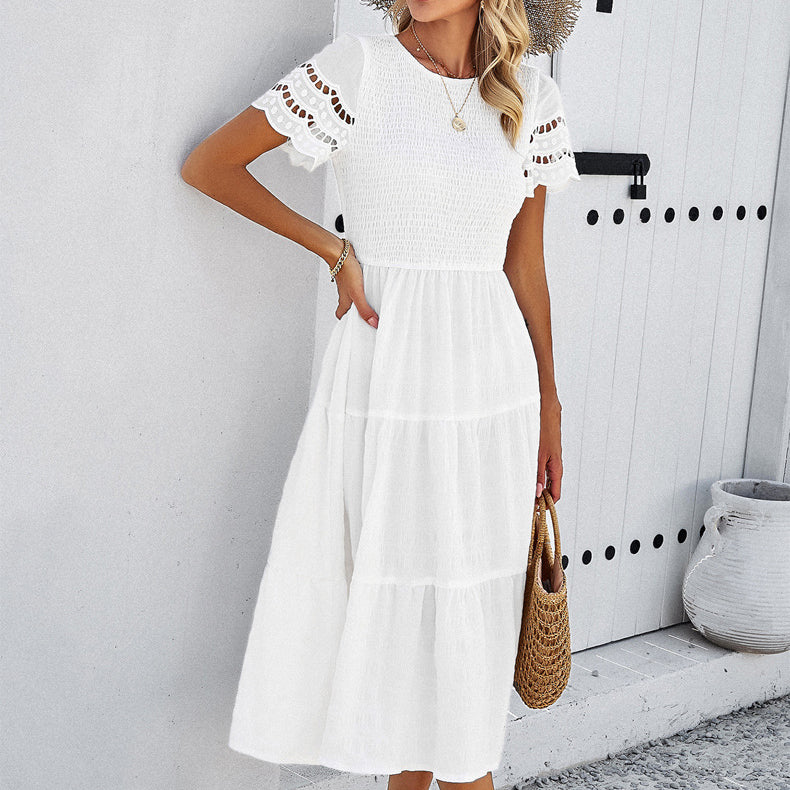 Smocked Tiered Midi Dress with Lace-Trim Sleeves