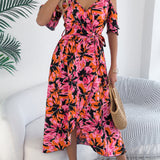 Floral Cold - Shoulder Tie - Waist Midi Dress