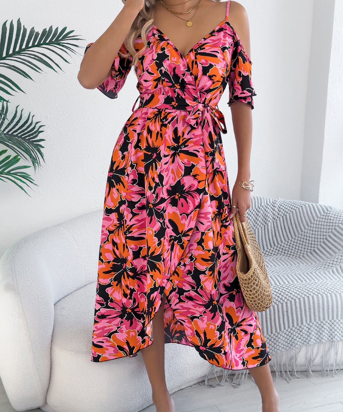 Floral Cold - Shoulder Tie - Waist Midi Dress