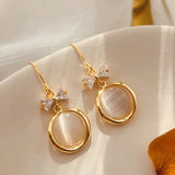 Silver Needle Cat's Eye Bow Rhinestone Drop Earrings