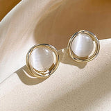 Silver Needle Cat's Eye Circular Stud Earrings