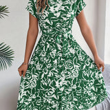 Floral Pleated Tie - Waist Midi Dress