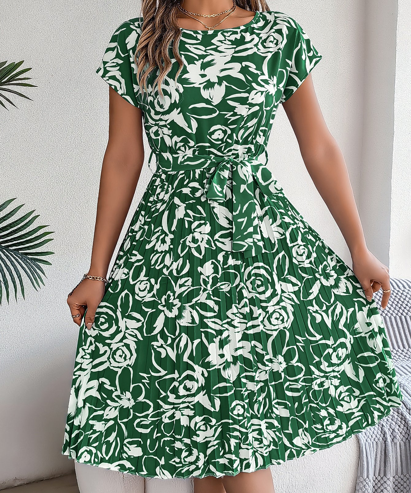 Floral Pleated Tie - Waist Midi Dress