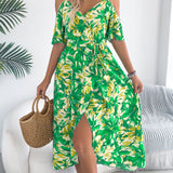 Floral Cold - Shoulder Tie - Waist Midi Dress